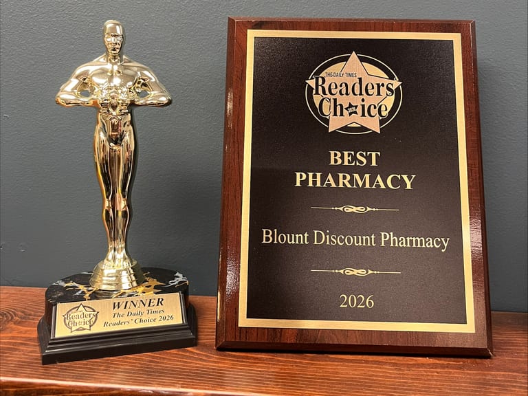Blount Discount Pharmacy’s 2026 Daily Times Readers’ Choice Best Pharmacy plaque and winner’s trophy
