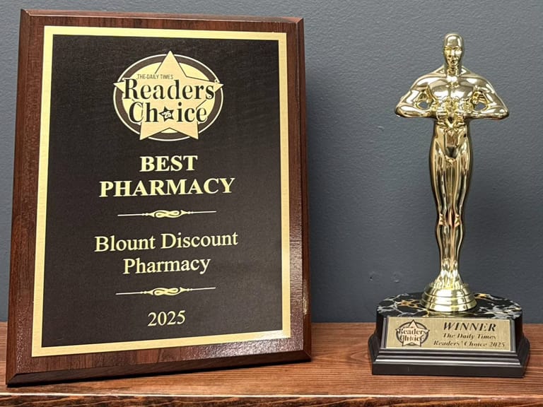Blount Discount Pharmacy’s 2025 Daily Times Readers’ Choice Best Pharmacy plaque and winner’s trophy