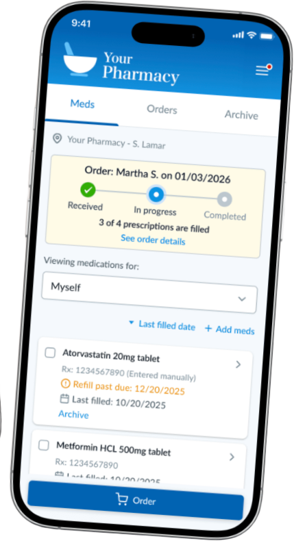 Patient portal medications screen listing prescriptions ready to refill